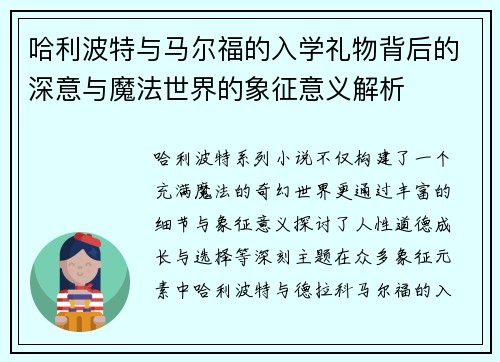 哈利波特与马尔福的入学礼物背后的深意与魔法世界的象征意义解析